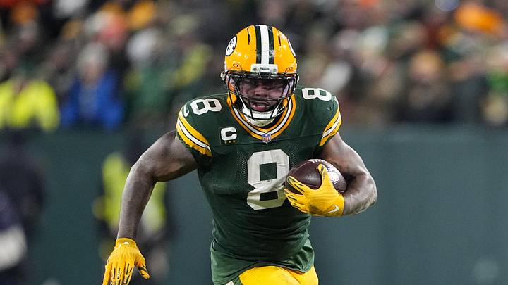 Dec 7, 2025; Green Bay, Wisconsin, USA;  Green Bay Packers running back Josh Jacobs (8) during the game against the Chicago Bears at Lambeau Field. Mandatory Credit: Jeff Hanisch-Imagn Images
