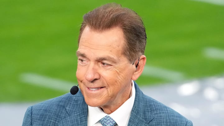 Jan 1, 2026; Pasadena, CA, USA; Nick Saban on the ESPN College Gameday set during the 2026 Rose Bowl and quarterfinal game of the College Football Playoff at Rose Bowl Stadium. Mandatory Credit: Kirby Lee-Imagn Images