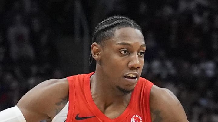 Toronto Raptors forward RJ Barrett drives to the net against Detroit Pistons guard Marcus Sasser. Toronto Raptors forward RJ Barrett drives to the net against Detroit Pistons guard Marcus Sasser.