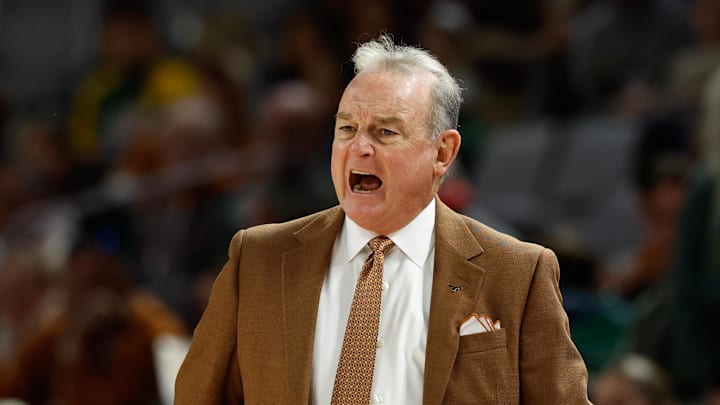 Dec 14, 2025; Fort Worth, Texas, USA; Texas Longhorns head coach Vic Schaefer reacts on the sideline against the Baylor Bears during the first half at Dickies Arena. Mandatory Credit: Chris Jones-Imagn Images