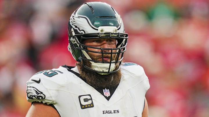 Sep 14, 2025; Kansas City, Missouri, USA; Philadelphia Eagles offensive tackle Lane Johnson (65) reacts during the second half against the Kansas City Chiefs at GEHA Field at Arrowhead Stadium.