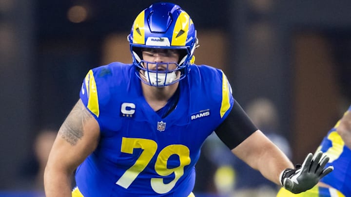 Jan 13, 2025; Glendale, AZ, USA; Los Angeles Rams offensive tackle Rob Havenstein (79) against the Minnesota Vikings during an NFC wild card game at State Farm Stadium. Mandatory Credit: Mark J. Rebilas-Imagn Images