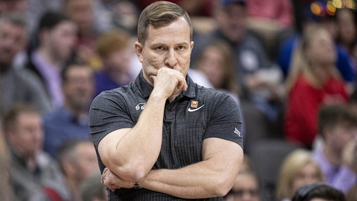 Mar 15, 2024; Kansas City, MO, USA; Iowa State Cyclones head coach TJ Otzelberger looks on in the first half against the Baylor Bears at T-Mobile Center.