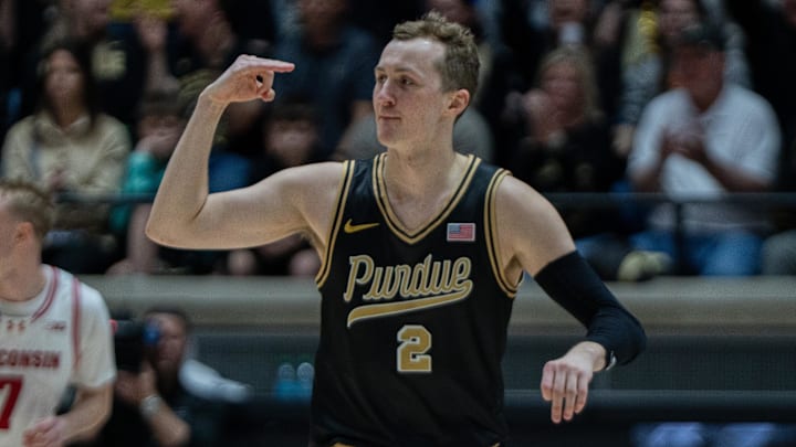 Purdue Boilermakers guard Fletcher Loyer (2) celebrates making a three-pointer.