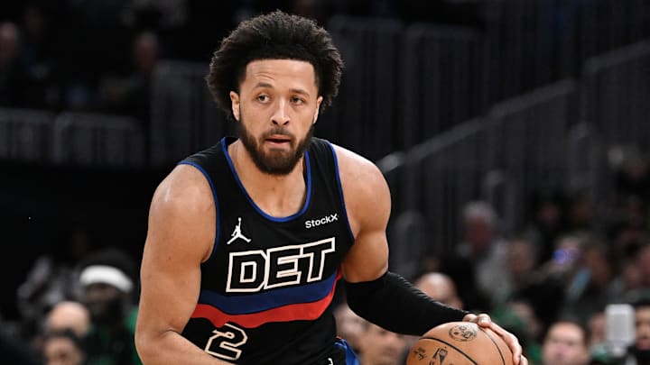 Dec 12, 2024; Boston, Massachusetts, USA;  Detroit Pistons guard Cade Cunningham (2) dribbles against the Boston Celtics during the first half at TD Garden. Mandatory Credit: Eric Canha-Imagn Images