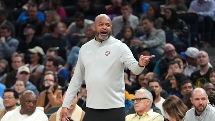 Jan 30, 2026; San Francisco, California, USA; Detroit Pistons head coach J.B. Bickerstaff reacts after a play against the Golden State Warriors in the fourth quarter at the Chase Center. Mandatory Credit: Cary Edmondson-Imagn Images