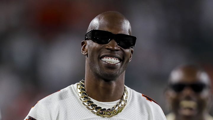 Sep 25, 2023; Cincinnati, Ohio, USA; Former Cincinnati Bengals player, Chad Johnson, walks on the field during warmups before the game against the Los Angeles Rams at Paycor Stadium. Mandatory Credit: Katie Stratman-Imagn Images