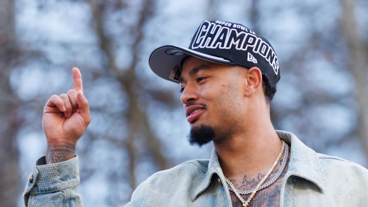 Seattle Seahawks wide receiver Jaxon Smith-Njigba reacts during the Super Bowl LX parade. Seattle Seahawks wide receiver Jaxon Smith-Njigba reacts during the Super Bowl LX parade.