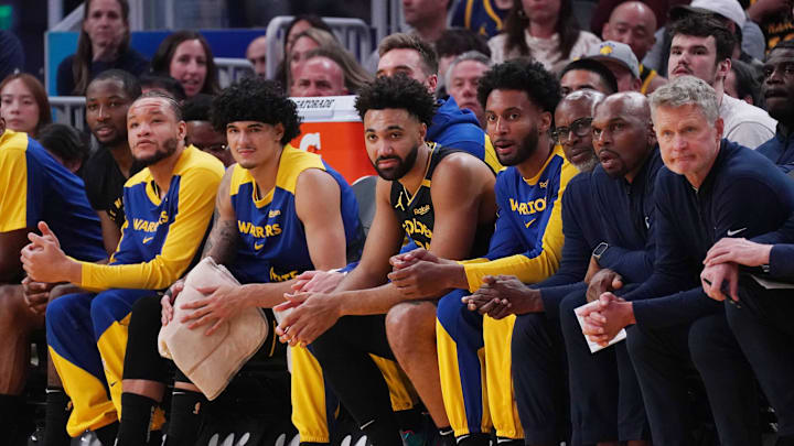 Apr 9, 2025; San Francisco, California, USA;  The Golden State Warriors bench watches the action against the San Antonio Spurs in the second quarter at Chase Center. Mandatory Credit: David Gonzales-Imagn Images