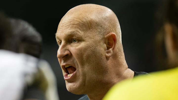 Oregon head coach Kelly Graves talks to his team during a timeout as the Oregon Ducks host Portland State Saturday, Dec. 9, 2023, at Matthew Knight Arena in Eugene, Ore.