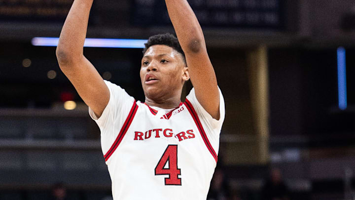Mar 12, 2025; Indianapolis, IN, USA;  Rutgers Scarlet Knights guard Ace Bailey (4) shoots the ball in the second half against the USC Trojans at Gainbridge Fieldhouse. Mandatory Credit: Trevor Ruszkowski-Imagn Images