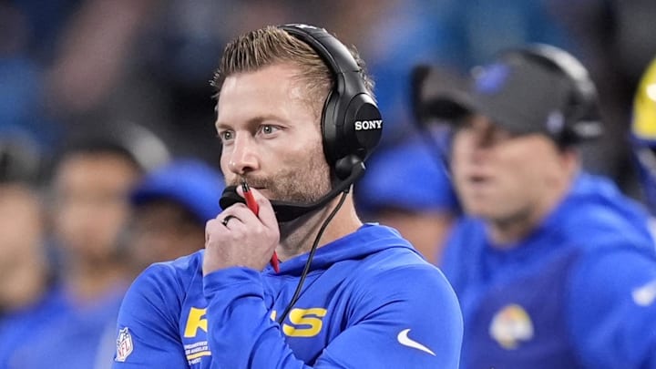 Jan 10, 2026; Charlotte, NC, USA; Los Angeles Rams head coach Sean McVay in the first half during the NFC Wild Card Round game at Bank of America Stadium. Mandatory Credit: Jim Dedmon-Imagn Images