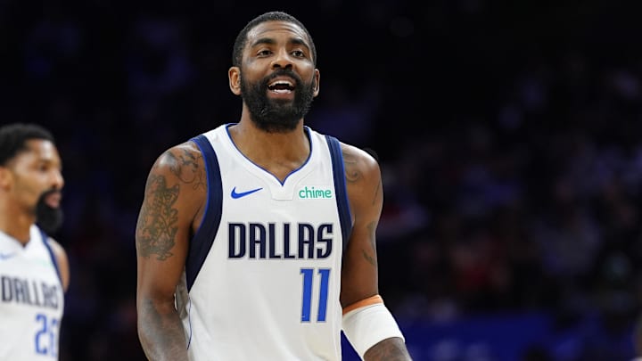 Feb 4, 2025; Philadelphia, Pennsylvania, USA; Dallas Mavericks guard Kyrie Irving (11) reacts against the Philadelphia 76ers in the second quarter at Wells Fargo Center. Mandatory Credit: Kyle Ross-Imagn Images Feb 4, 2025; Philadelphia, Pennsylvania, USA; Dallas Mavericks guard Kyrie Irving (11) reacts against the Philadelphia 76ers in the second quarter at Wells Fargo Center. Mandatory Credit: Kyle Ross-Imagn Images
