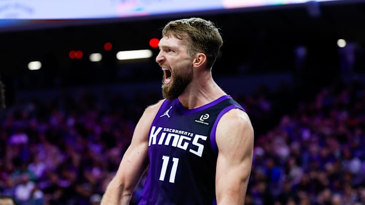 Jan 16, 2026; Sacramento, California, USA; Sacramento Kings forward Domantas Sabonis (11) reacts after a play during the fourth quarter against the Washington Wizards at Golden 1 Center.