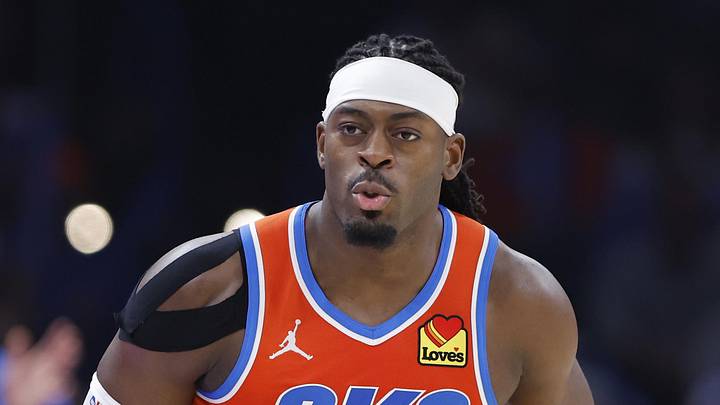 Jan 25, 2026; Oklahoma City, Oklahoma, USA; Oklahoma City Thunder guard Luguentz Dort (5) reacts after a play against the Toronto Raptors during the second half at Paycom Center. Mandatory Credit: Alonzo Adams-Imagn Images