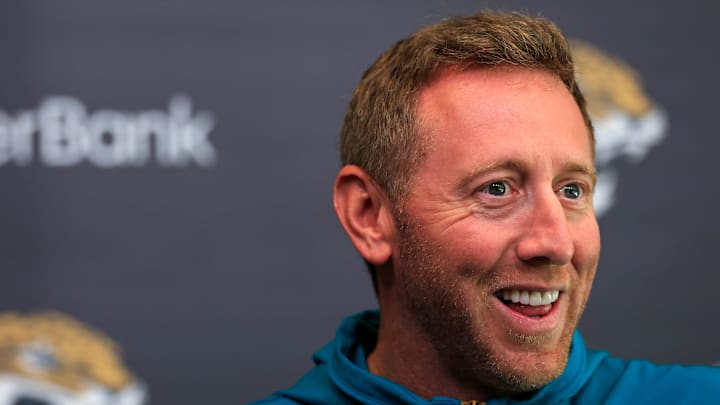 Jacksonville Jaguars head coach Liam Coen speaks during a press conference at the Miller Electric Center, Monday, April 20, 2026 in Jacksonville, Fla.