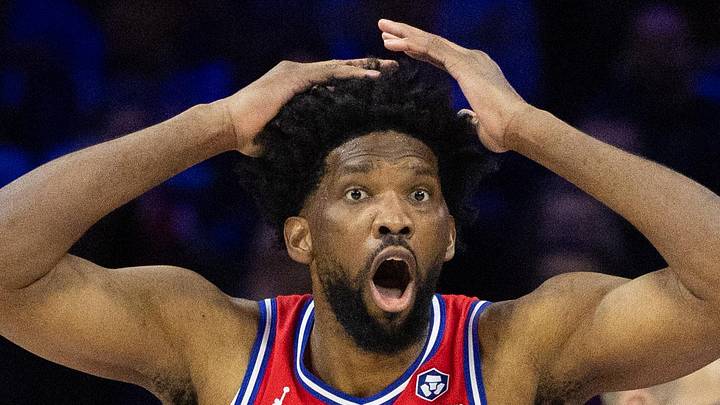 Philadelphia, Pennsylvania, USA; Philadelphia 76ers center Joel Embiid (21) reacts to a play against the Indiana Pacers during the first quarter at Wells Fargo Center. Mandatory Credit: Bill Streicher-Imagn Images Philadelphia, Pennsylvania, USA; Philadelphia 76ers center Joel Embiid (21) reacts to a play against the Indiana Pacers during the first quarter at Wells Fargo Center. Mandatory Credit: Bill Streicher-Imagn Images