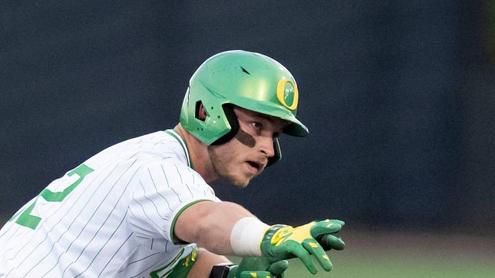 Oregon infielder Ryan Cooney celebrates a double as the Oregon Ducks host the USC Trojans on May 14, 2026, in Eugene, Oregon. Oregon infielder Ryan Cooney celebrates a double as the Oregon Ducks host the USC Trojans on May 14, 2026, in Eugene, Oregon.
