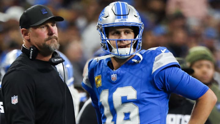 Nov 2, 2025; Detroit, Michigan, USA; Detroit Lions quarterback Jared Goff (16) speaks with head coach Dan Campbell in the first half against the Minnesota Vikings at Ford Field.