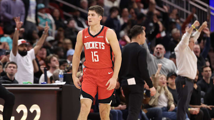 Jan 20, 2026; Houston, Texas, USA; Houston Rockets guard Reed Sheppard (15) reacts to his basket against the San Antonio Spurs in the second half at Toyota Center. Mandatory Credit: Thomas Shea-Imagn Images Jan 20, 2026; Houston, Texas, USA; Houston Rockets guard Reed Sheppard (15) reacts to his basket against the San Antonio Spurs in the second half at Toyota Center. Mandatory Credit: Thomas Shea-Imagn Images