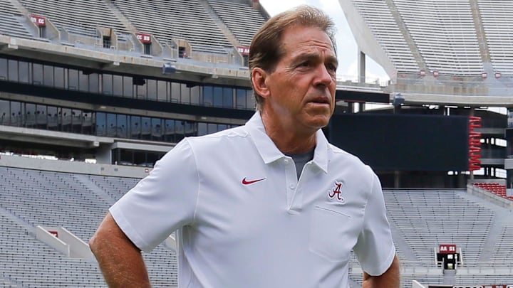 Former Alabama Crimson Tide coach Nick Saban stands on the turf inside Bryant-Denny Stadium during media day Saturday, August 3, 2019 in Bryant-Denny Stadium. 