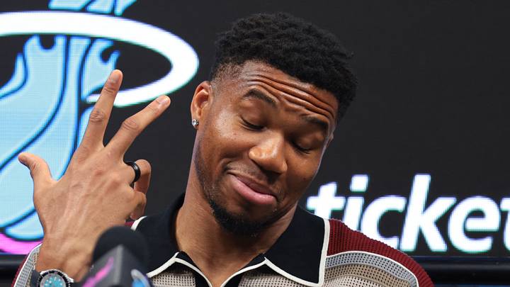 Miami Heat forward Giannis Antetokounmpo (7) reacts  (Mandatory Credit: Sam Navarro-Imagn Images)