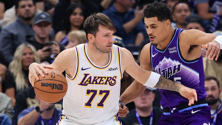 Oct 25, 2026; Salt Lake City, Utah, USA; Los Angeles Lakers guard Luka Doncic (77) posts up against Utah Jazz guard Josh Green (5) during the second half at Delta Center. Mandatory Credit: Rob Gray-Imagn Images Oct 25, 2026; Salt Lake City, Utah, USA; Los Angeles Lakers guard Luka Doncic (77) posts up against Utah Jazz guard Josh Green (5) during the second half at Delta Center. Mandatory Credit: Rob Gray-Imagn Images