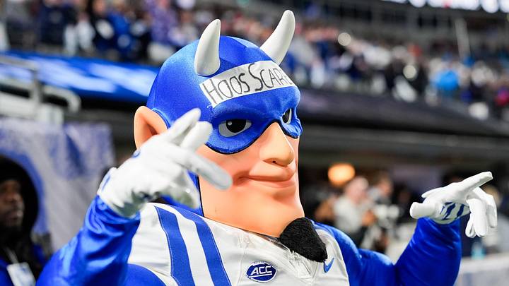 Dec 6, 2025; Charlotte, NC, USA; Duke Blue Devils mascot cheers during the first quarter against the Virginia Cavaliers during the 2025 ACC Championship game at Bank of America Stadium. Mandatory Credit: Jim Dedmon-Imagn Images