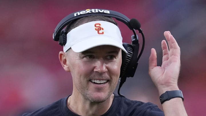 Sep 2, 2023; Los Angeles, California, USA; Southern California Trojans head coach Lincoln Riley reacts against the Nevada Wolf Pack  in the second half at United Airlines Field at Los Angeles Memorial Coliseum. Mandatory Credit: Kirby Lee-Imagn Images