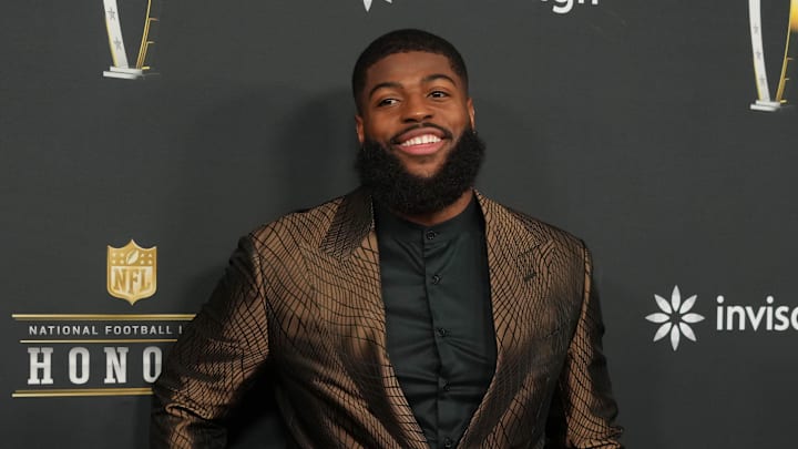 Feb 6, 2025; New Orleans, LA, USA;  Jared Verse on the red carpet before Super Bowl LIX NFL Honors at Saenger Theatre. Mandatory Credit: Kirby Lee-Imagn Images