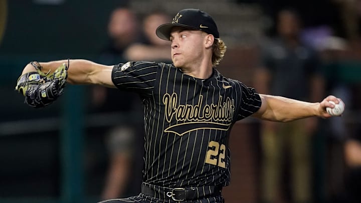 Vanderbilt pitcher JD Thompson (22) pitches against Arkansas during the first inning at Hawkins Field in Nashville, Tenn., Friday, March 28, 2025.