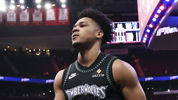 Apr 10, 2026; Houston, Texas, USA; Minnesota Timberwolves guard/forward Terrence Shannon Jr. (1) walks off the court after the game against the Houston Rockets at Toyota Center. Mandatory Credit: Troy Taormina-Imagn Images