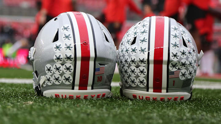 Oct 26, 2019; Columbus, OH, USA; Ohio State Buckeyes decals on the helmets before the game against the Wisconsin Badgers at Ohio Stadium. Mandatory Credit: Joe Maiorana-Imagn Images Oct 26, 2019; Columbus, OH, USA; Ohio State Buckeyes decals on the helmets before the game against the Wisconsin Badgers at Ohio Stadium. Mandatory Credit: Joe Maiorana-Imagn Images
