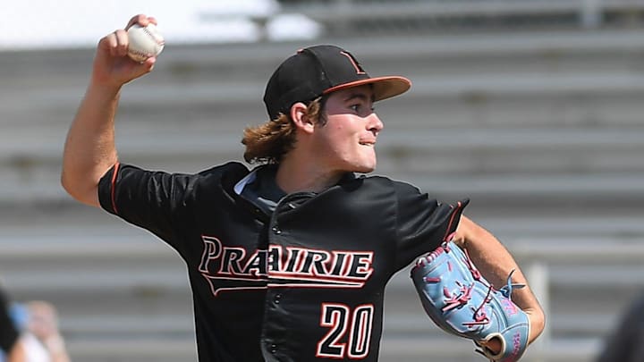 Cedar Rapids Prairie junior Tait Tierney (20) pitches the ball to the batter during the Iowa High School baseball tournament on Tuesday, July 22, 2025, at Lewis & Clark Park in Sioux City, Iowa.