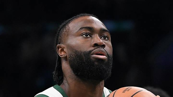 Boston Celtics guard Jaylen Brown shoots a free throw against the Portland Trail Blazers.