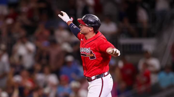 Sep 11, 2026; Atlanta, Georgia, USA; Atlanta Braves first baseman Matt Olson (28) celebrates after a home run against the Philadelphia Phillies in the first inning at Truist Park. Mandatory Credit: Brett Davis-Imagn Images