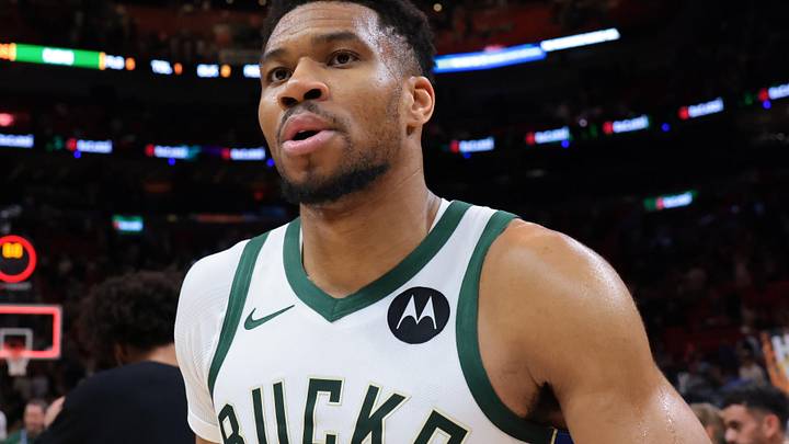Mar 12, 2026; Miami, Florida, USA; Milwaukee Bucks forward Giannis Antetokounmpo (34) looks on after the game against the Miami Heat at Kaseya Center. Mandatory Credit: Sam Navarro-Imagn Images