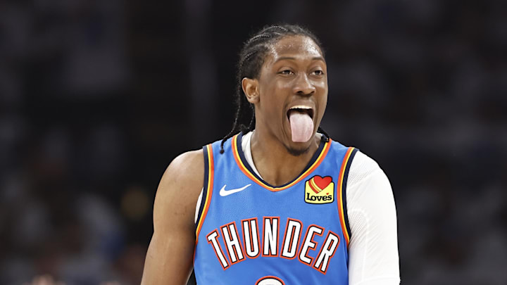 Apr 24, 2024; Oklahoma City, Oklahoma, USA; Oklahoma City Thunder forward Jalen Williams (8) gestures after a play against the New Orleans Pelicans during the second quarter of game two of the first round for the 2024 NBA playoffs at Paycom Center. Mandatory Credit: Alonzo Adams-Imagn Images Apr 24, 2024; Oklahoma City, Oklahoma, USA; Oklahoma City Thunder forward Jalen Williams (8) gestures after a play against the New Orleans Pelicans during the second quarter of game two of the first round for the 2024 NBA playoffs at Paycom Center. Mandatory Credit: Alonzo Adams-Imagn Images
