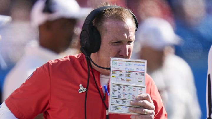Nov 24, 2024; Charlotte, North Carolina, USA; Kansas City Chiefs defensive coordinator Steve Spagnuolo during the first quarter against the Carolina Panthers at Bank of America Stadium. Mandatory Credit: Jim Dedmon-Imagn Images