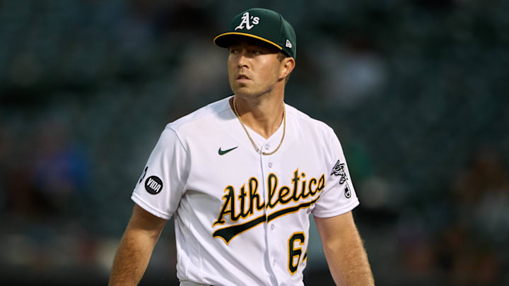 Aug 7, 2023; Oakland, California, USA; Oakland Athletics starting pitcher Ken Waldichuk (64) walks off the pitchers mound after the last out of the sixth inning against the Texas Rangers at Oakland-Alameda County Coliseum. Mandatory Credit: Robert Edwards-Imagn Images Aug 7, 2023; Oakland, California, USA; Oakland Athletics starting pitcher Ken Waldichuk (64) walks off the pitchers mound after the last out of the sixth inning against the Texas Rangers at Oakland-Alameda County Coliseum. Mandatory Credit: Robert Edwards-Imagn Images
