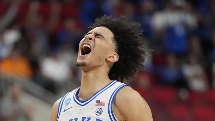 Mar 23, 2025; Raleigh, NC, USA; Duke Blue Devils guard Tyrese Proctor (5) reacts after a play against the Baylor Bears during the second half in the second round of the NCAA Tournament at Lenovo Center.  Mandatory Credit: Bob Donnan-Imagn Images
