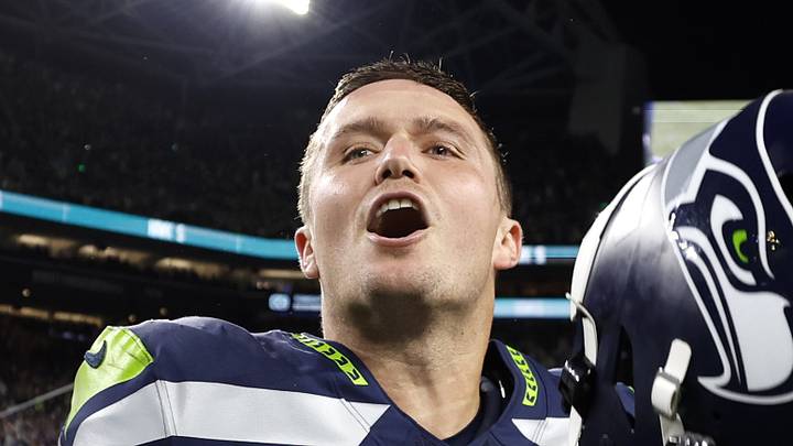Seattle Seahawks quarterback Drew Lock reacts after defeating the New England Patriots