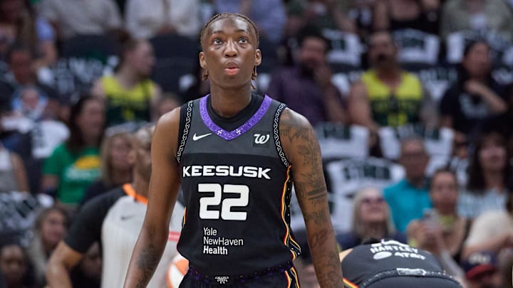 Jul 11, 2025; Seattle, Washington, USA; Connecticut Sun guard Saniya Rivers (22) against the Seattle Storm during the first half at Climate Pledge Arena. Mandatory Credit: John Froschauer-Imagn Images Jul 11, 2025; Seattle, Washington, USA; Connecticut Sun guard Saniya Rivers (22) against the Seattle Storm during the first half at Climate Pledge Arena. Mandatory Credit: John Froschauer-Imagn Images