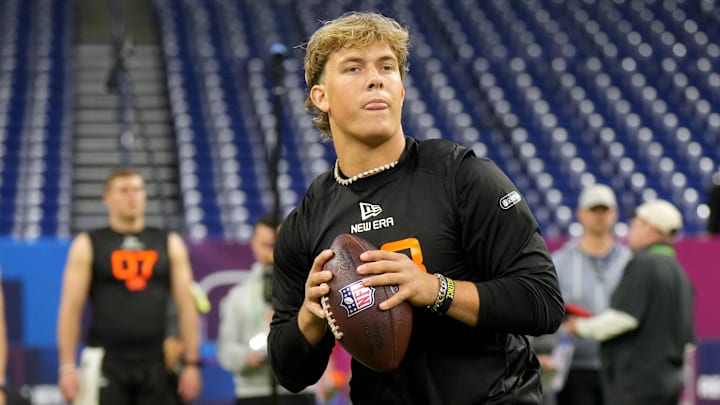 Mar 1, 2025; Indianapolis, IN, USA; Mississippi quarterback Jaxson Dart (QB03) during the 2025 NFL Combine at Lucas Oil Stadium. Mandatory Credit: Kirby Lee-Imagn Images