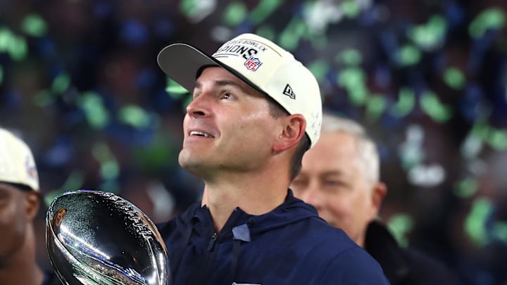 Seattle Seahawks head coach Mike Macdonald celebrates
