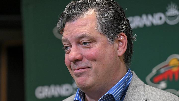 Dec 13, 2025; Saint Paul, Minnesota, USA;  Minnesota Wild general manger Bill Guerin addresses the media about acquiring defensemen Quinn Hughes via trade from the Vancouver Canucks before a game against the Ottawa Senators at Grand Casino Arena. Mandatory Credit: Nick Wosika-Imagn Images