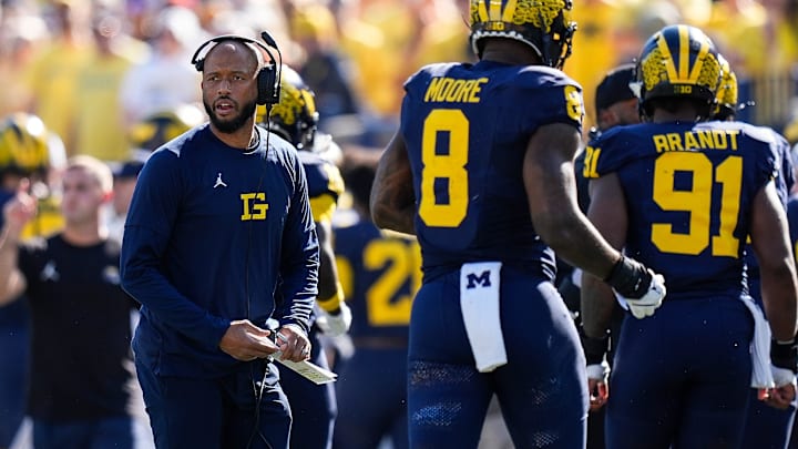Michigan defensive back coach LaMar Morgan looks on after a play against USC during the first half at Michigan Stadium in Ann Arbor on Saturday, Sept. 21, 2024. Michigan defensive back coach LaMar Morgan looks on after a play against USC during the first half at Michigan Stadium in Ann Arbor on Saturday, Sept. 21, 2024.