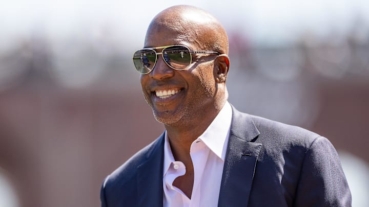 Sep 15, 2024; San Francisco, California, USA; San Francisco Giants legend Barry Bonds smiles before the MLB game between the San Diego Padres and San Francisco Giants at Oracle Park