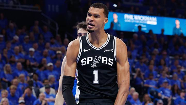 May 18, 2026; Oklahoma City, Oklahoma, USA; San Antonio Spurs center Victor Wembanyama (1) reacts after a dunk in the second quarter against the Oklahoma City Thunder during game one of the western conference finals for the 2026 NBA playoffs at Paycom Center. Mandatory Credit: Alonzo Adams-Imagn Images