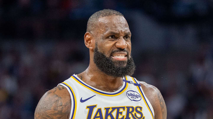 Apr 27, 2025; Minneapolis, Minnesota, USA; Los Angeles Lakers forward LeBron James (23) talks with a referee in the third quarter against the Minnesota Timberwolves during game four of first round for the 2025 NBA Playoffs at Target Center. Mandatory Credit: Matt Blewett-Imagn Images Apr 27, 2025; Minneapolis, Minnesota, USA; Los Angeles Lakers forward LeBron James (23) talks with a referee in the third quarter against the Minnesota Timberwolves during game four of first round for the 2025 NBA Playoffs at Target Center. Mandatory Credit: Matt Blewett-Imagn Images